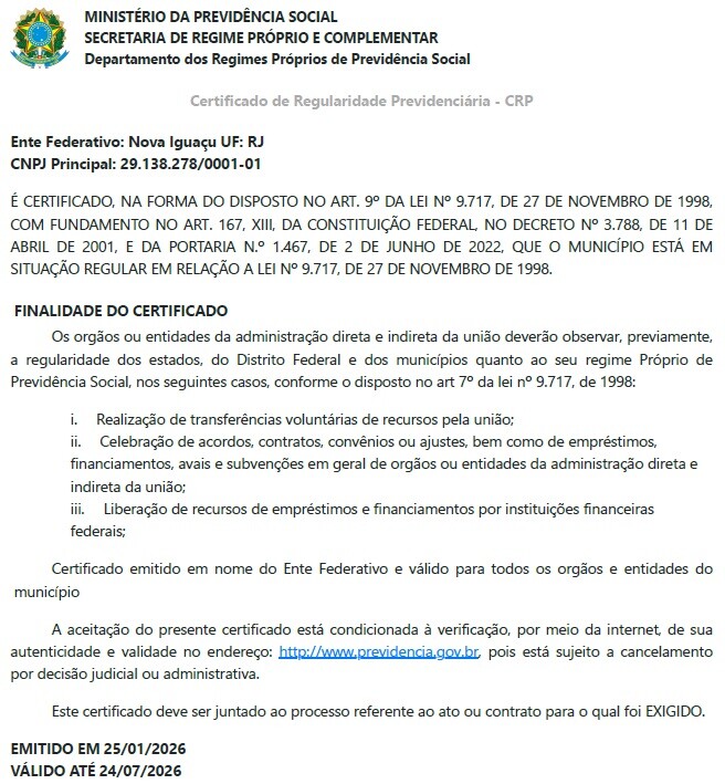 PREVINI GARANTE RENOVAÇÃO DO CERTIFICADO DE REGULARIDADE PREVIDENCIÁRIA (CRP) E CONSOLIDA GESTÃO DE EXCELÊNCIA